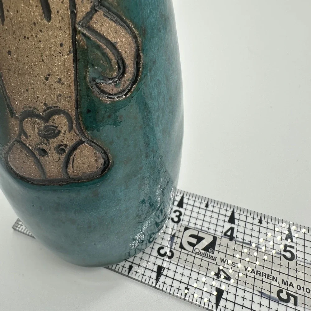 Handmade Pottery Vase Tootbrush Holder Teal Blue Dog Accent‎ Signed K. Mosby